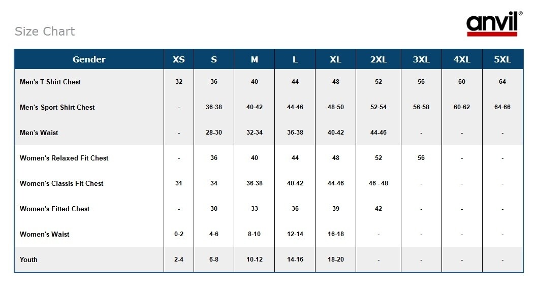 Anvil Hoodie Size Chart